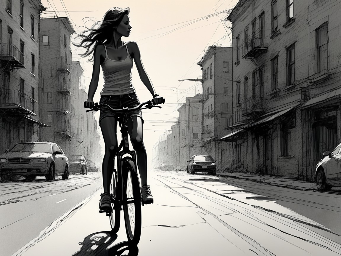 Young woman cycling on a sunlit vintage street sketch