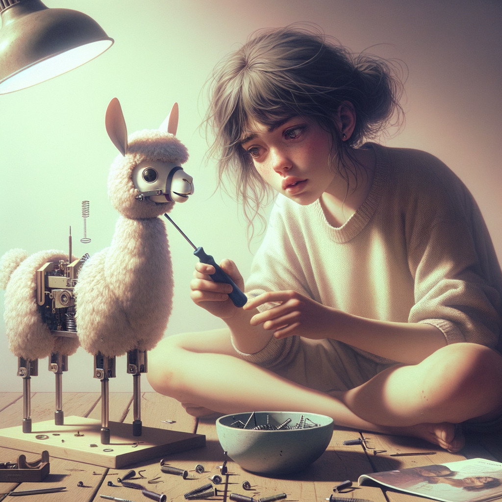 Young girl repairing a whimsical robotic llama