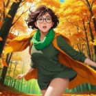 Young Woman Running in Autumn Forest Setting