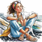 Stylish Young Woman in Chic Bohemian Outfit on Rocks