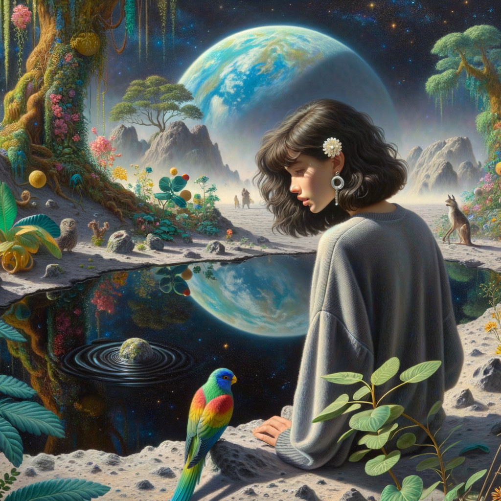 Contemplative Woman by Tranquil Pool in Enchanted Landscape