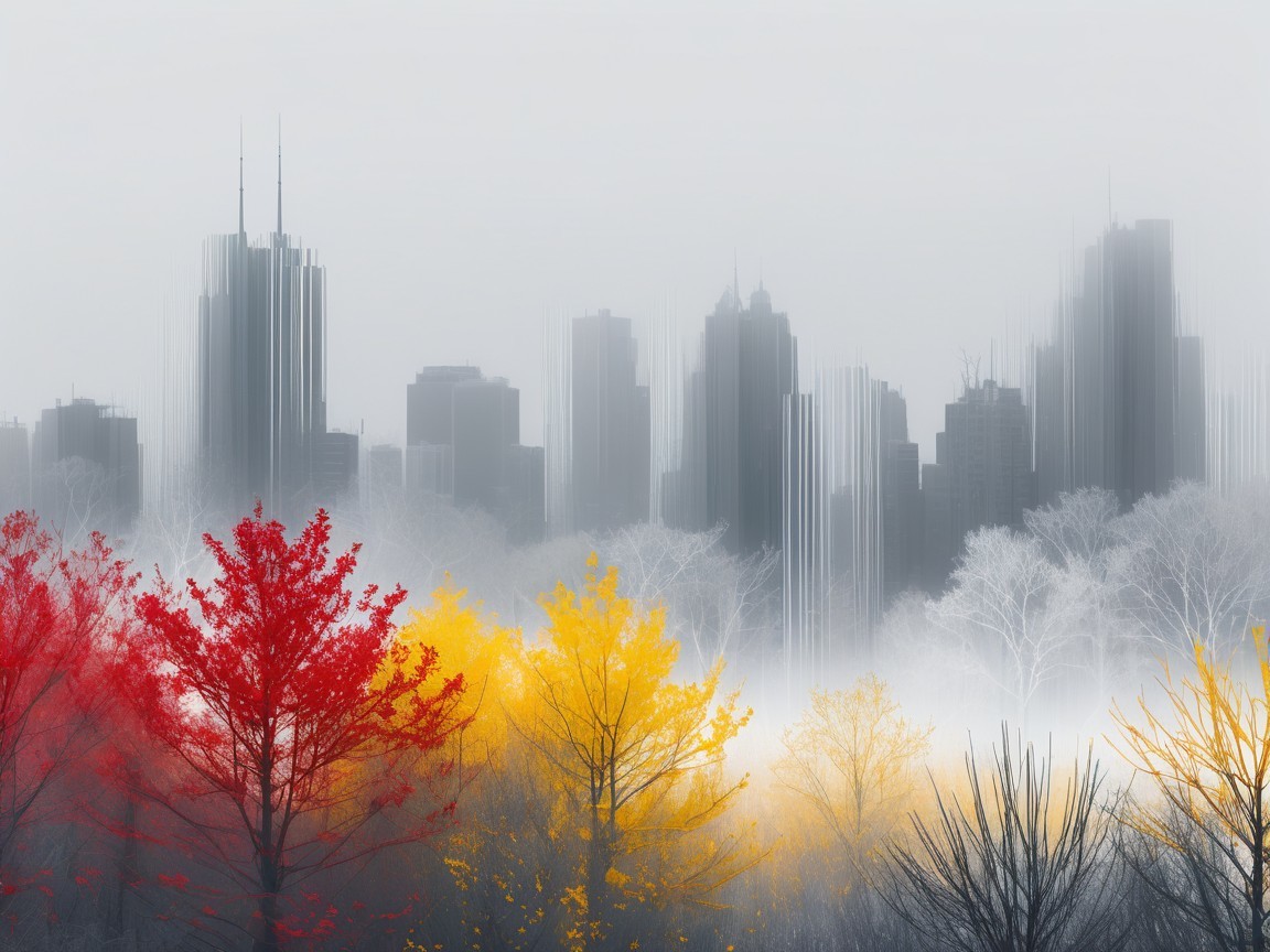 Misty Urban Landscape with Autumn Foliage Contrast