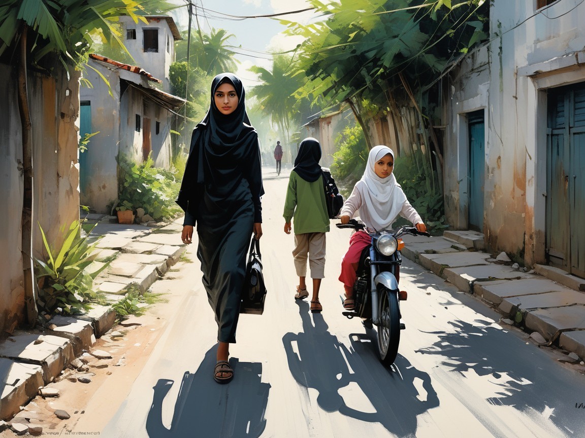 Vibrant street scene with woman and children in sunlight