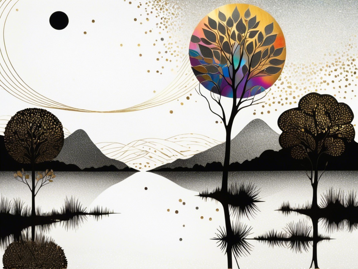 Serene Landscape with Lake, Trees, and Celestial Elements