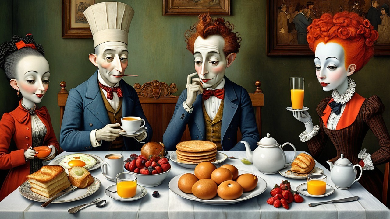 Whimsical Breakfast Scene with Elegantly Dressed Characters