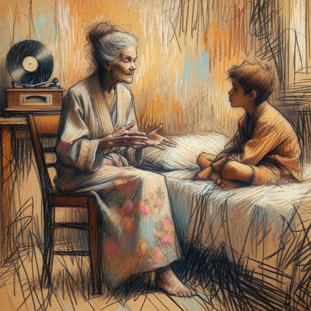 Elderly Woman and Boy Share Stories in Cozy Room