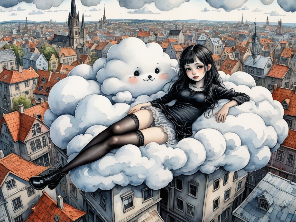 Whimsical Scene of Girl on Cloud Over Quaint City