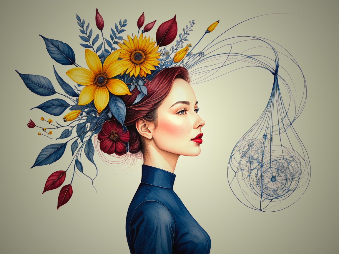 Profile of a Woman with Floral Headdress and Hair Flow