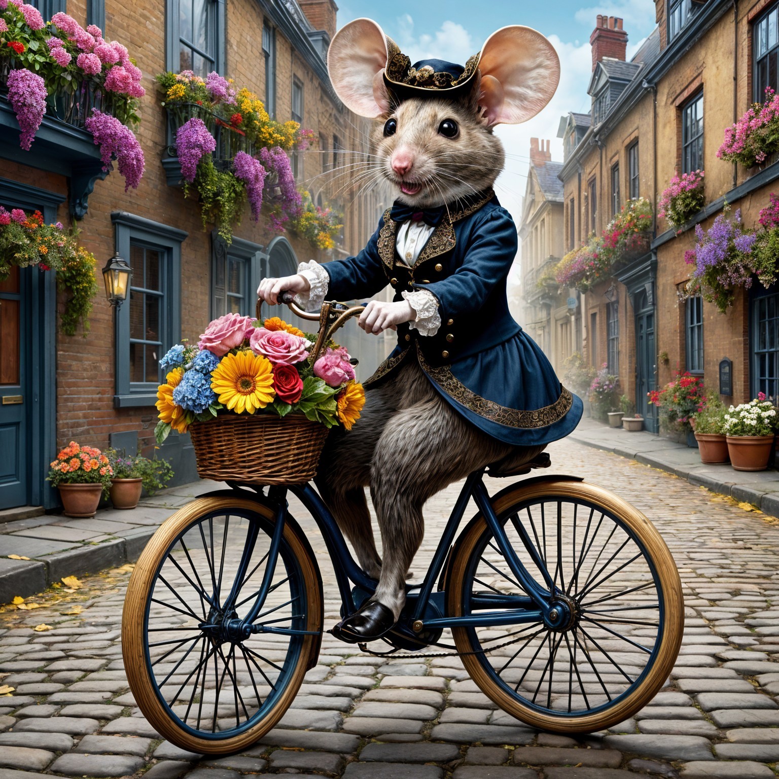 Whimsical Mouse on Vintage Bicycle in Charming Village
