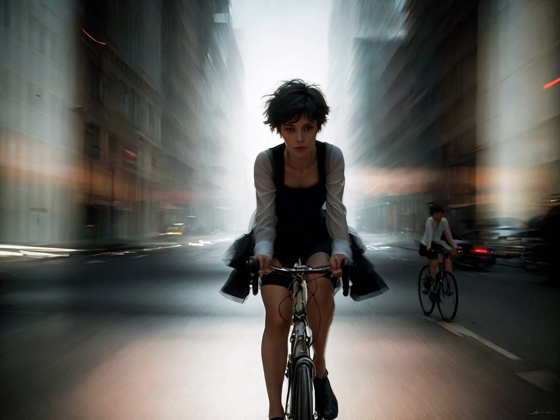 Young Woman in Black Dress Riding Bicycle in City