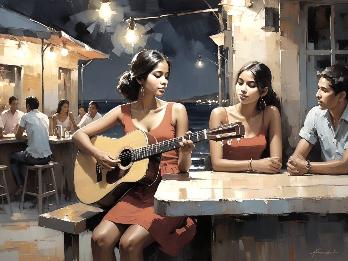 Young Woman in Red Dress Playing Guitar at Bar