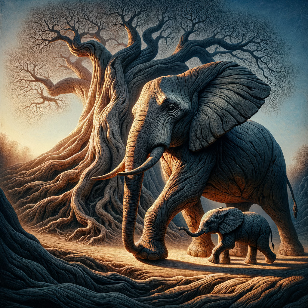 Surreal Landscape with Elephants and Ancient Tree