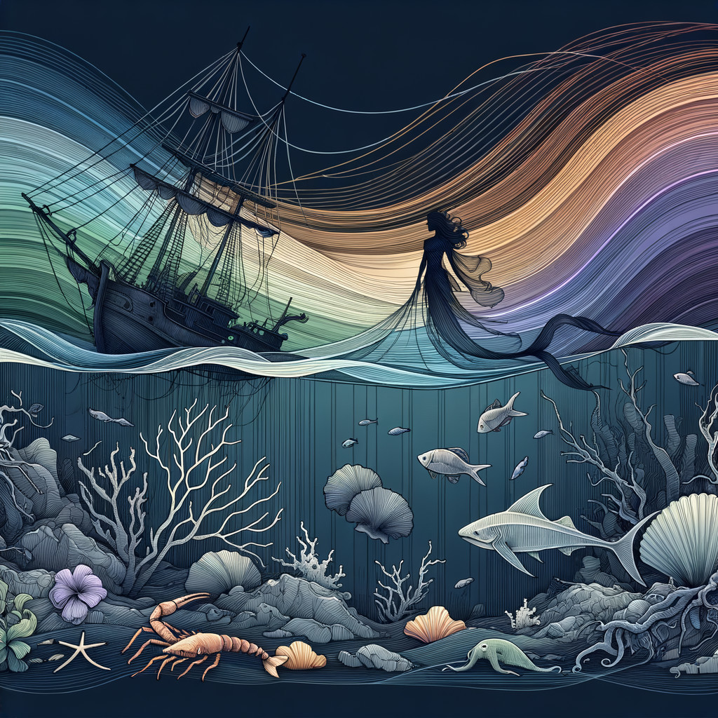 Intricate Illustration of Sailing Ship and Marine Life