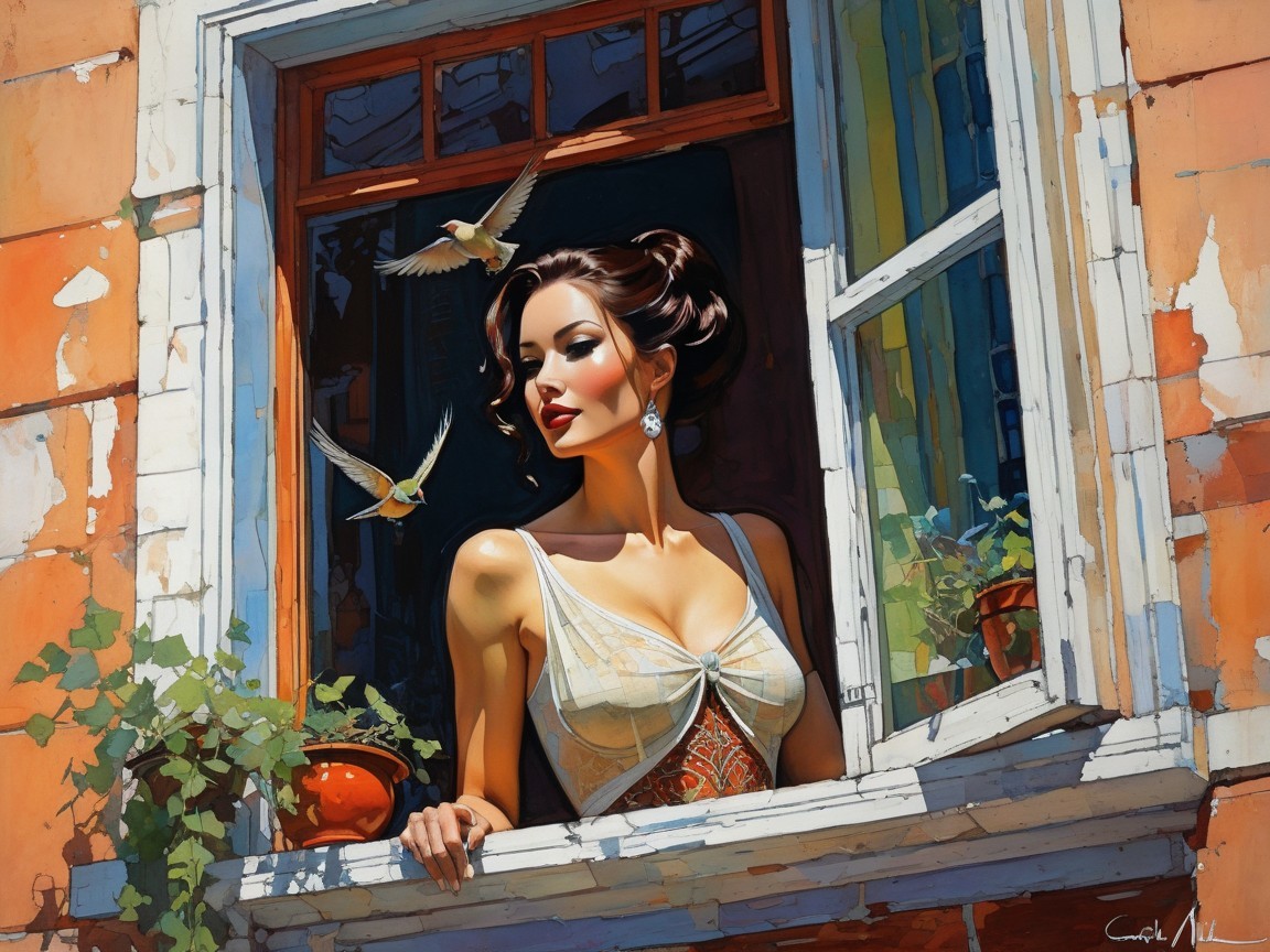 Woman in Elegant Attire by Sunlit Window with Birds
