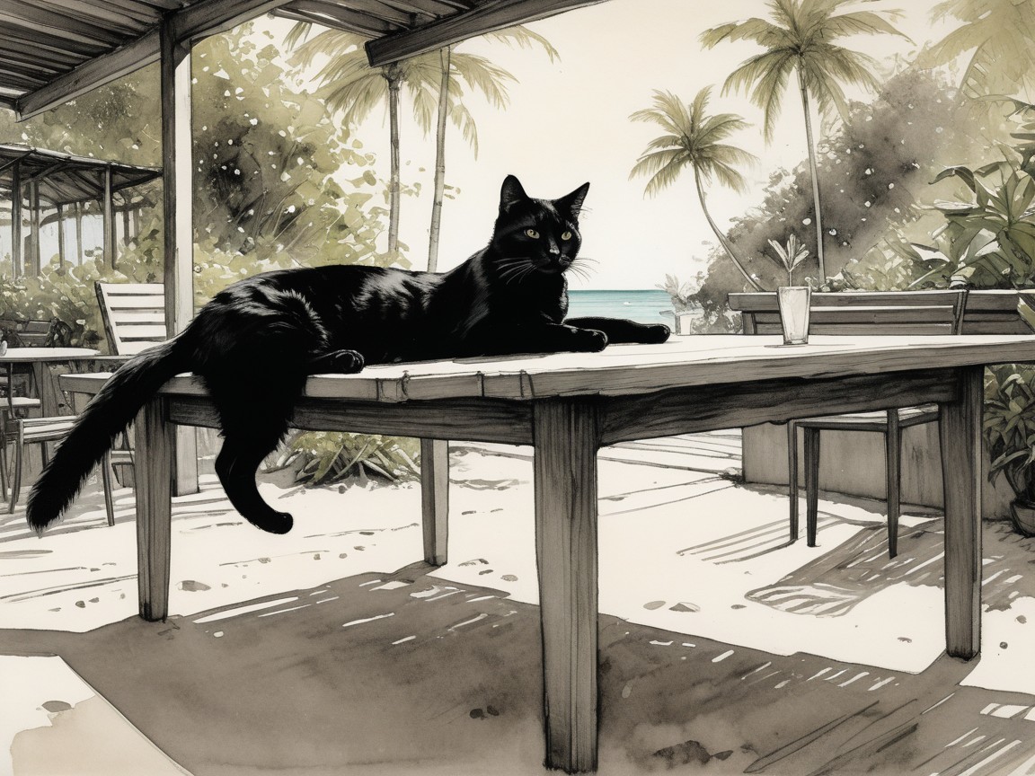 Black Cat Relaxing on Table in Tropical Setting
