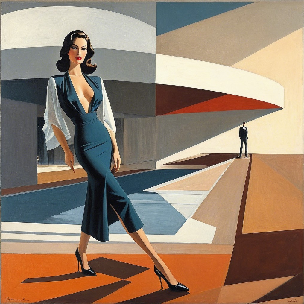 Stylish Woman in Elegant Dress with Dramatic Backdrop