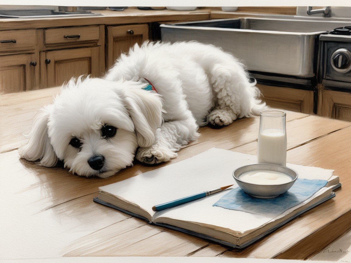 Fluffy Dog Resting on Book in Sunlit Kitchen