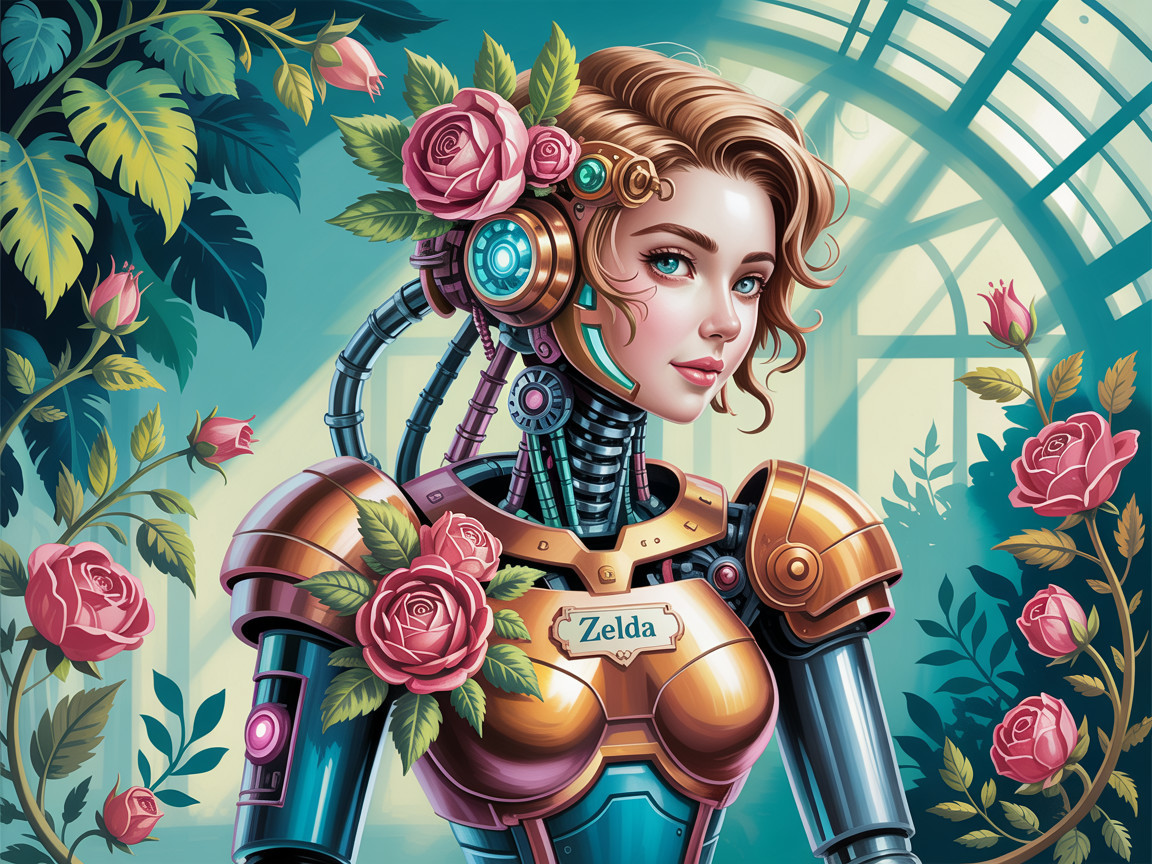 Futuristic Female Robot with Floral Patterns and Roses