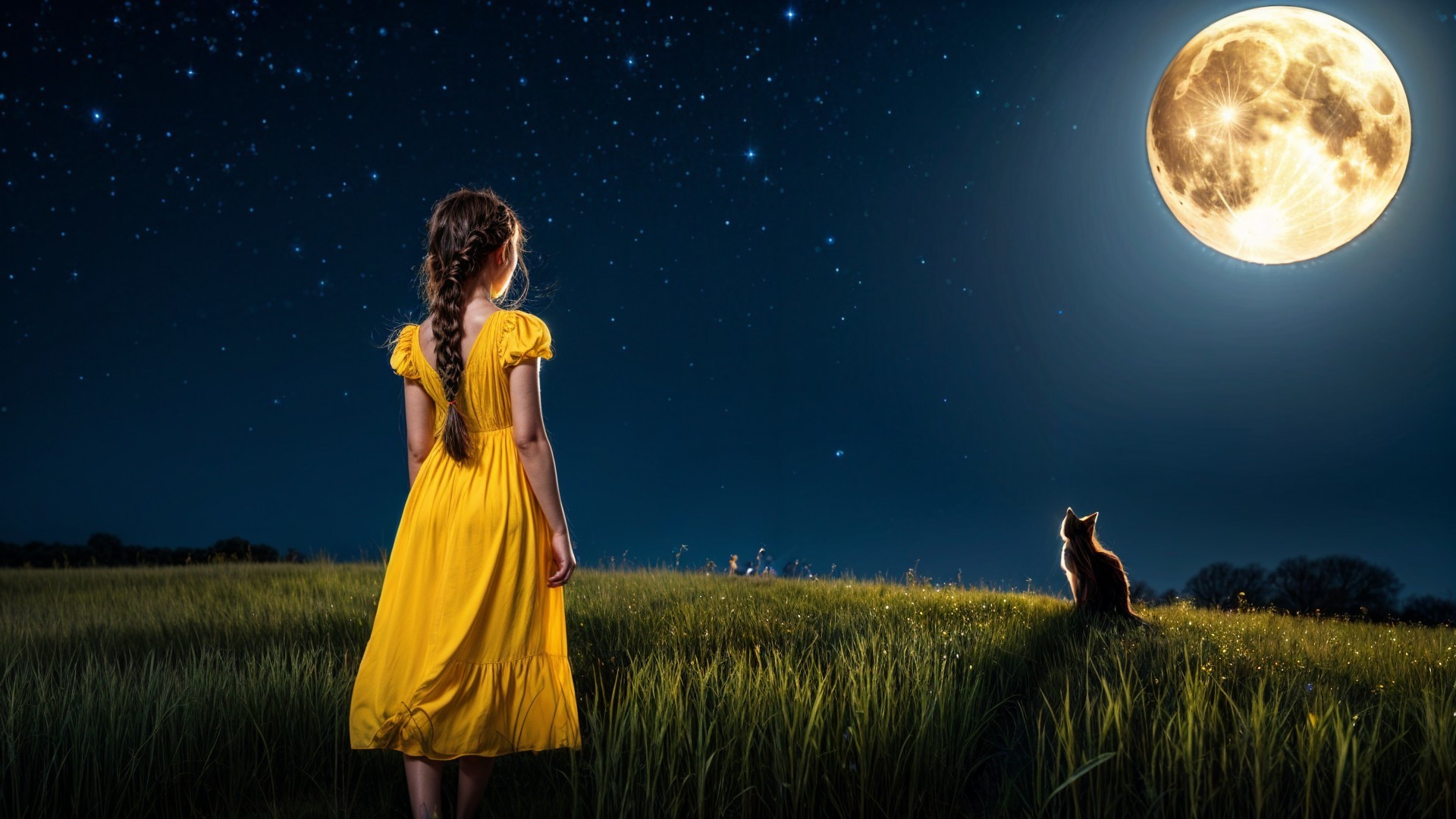 Young girl in yellow dress under luminous moonlight