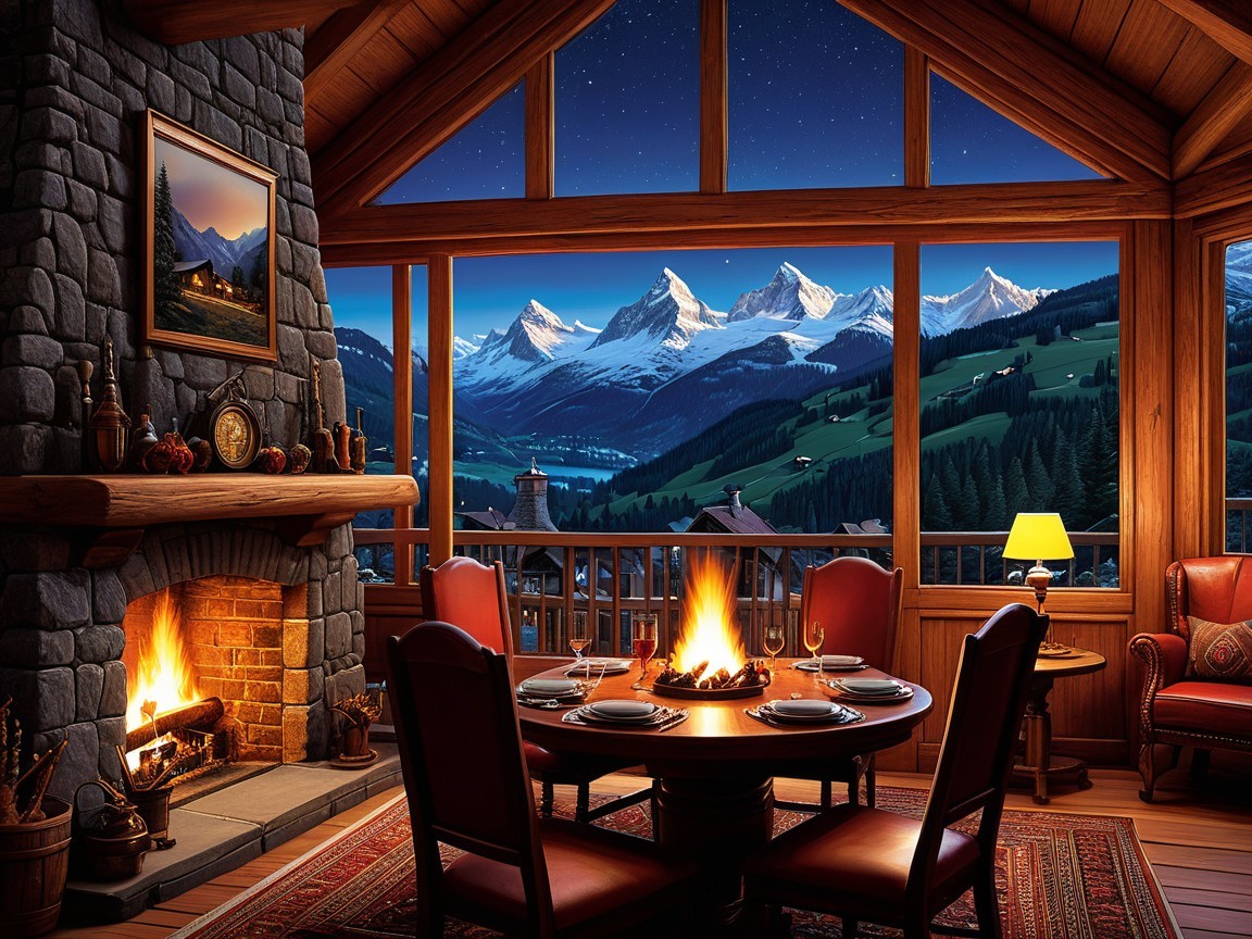 Cozy Dining Room with Rustic Fireplace and Mountain View