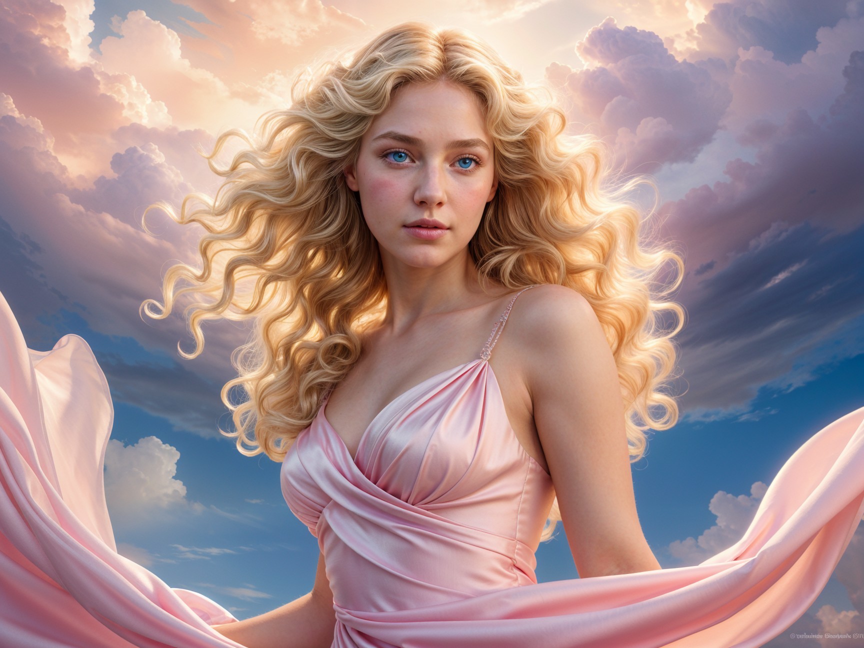 Young woman in pink dress against cloudy sky backdrop