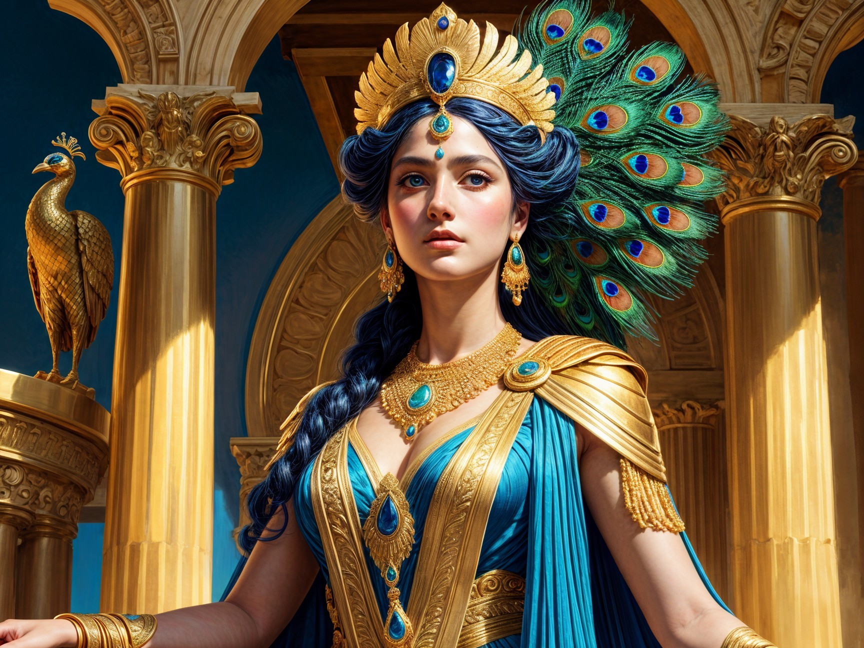 Regal woman in turquoise gown in opulent setting