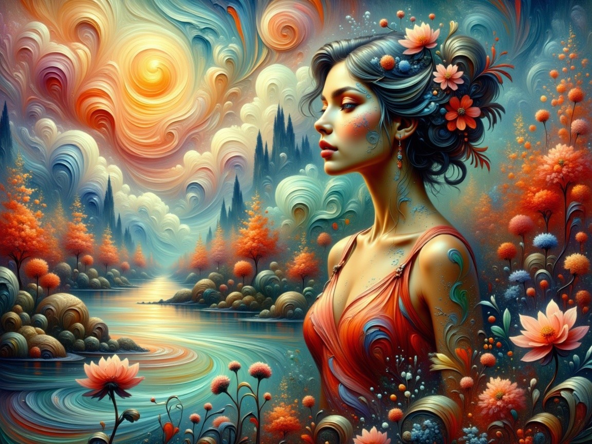 Woman with Flowing Hair in Vibrant Nature Landscape