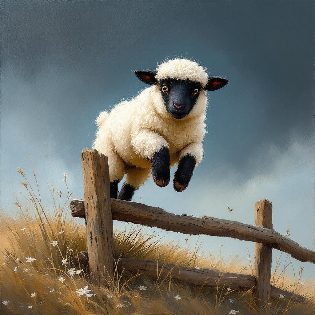 Lamb Leaping Over Rustic Fence in Natural Setting