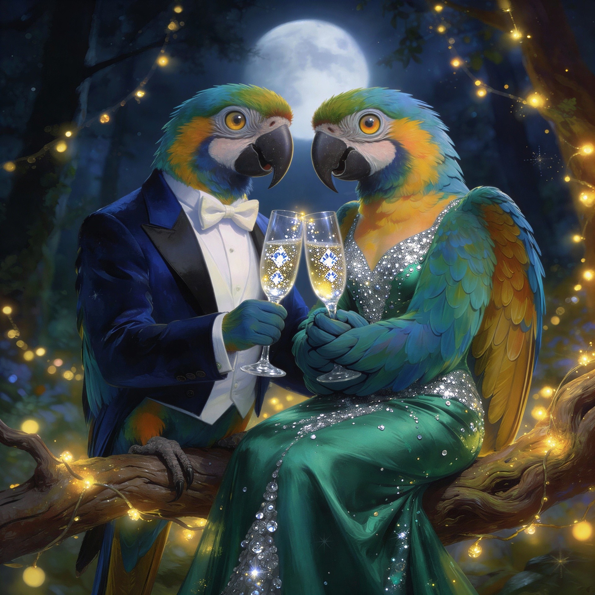 Blue and Gold Macaws in Formal Attire Under Moonlight