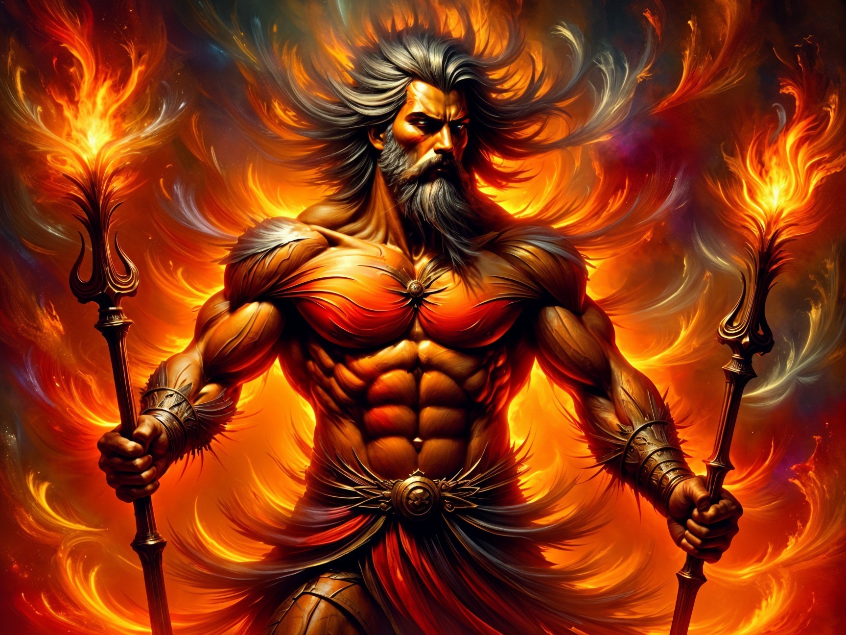 Muscular Figure with Tridents in Fiery Backdrop