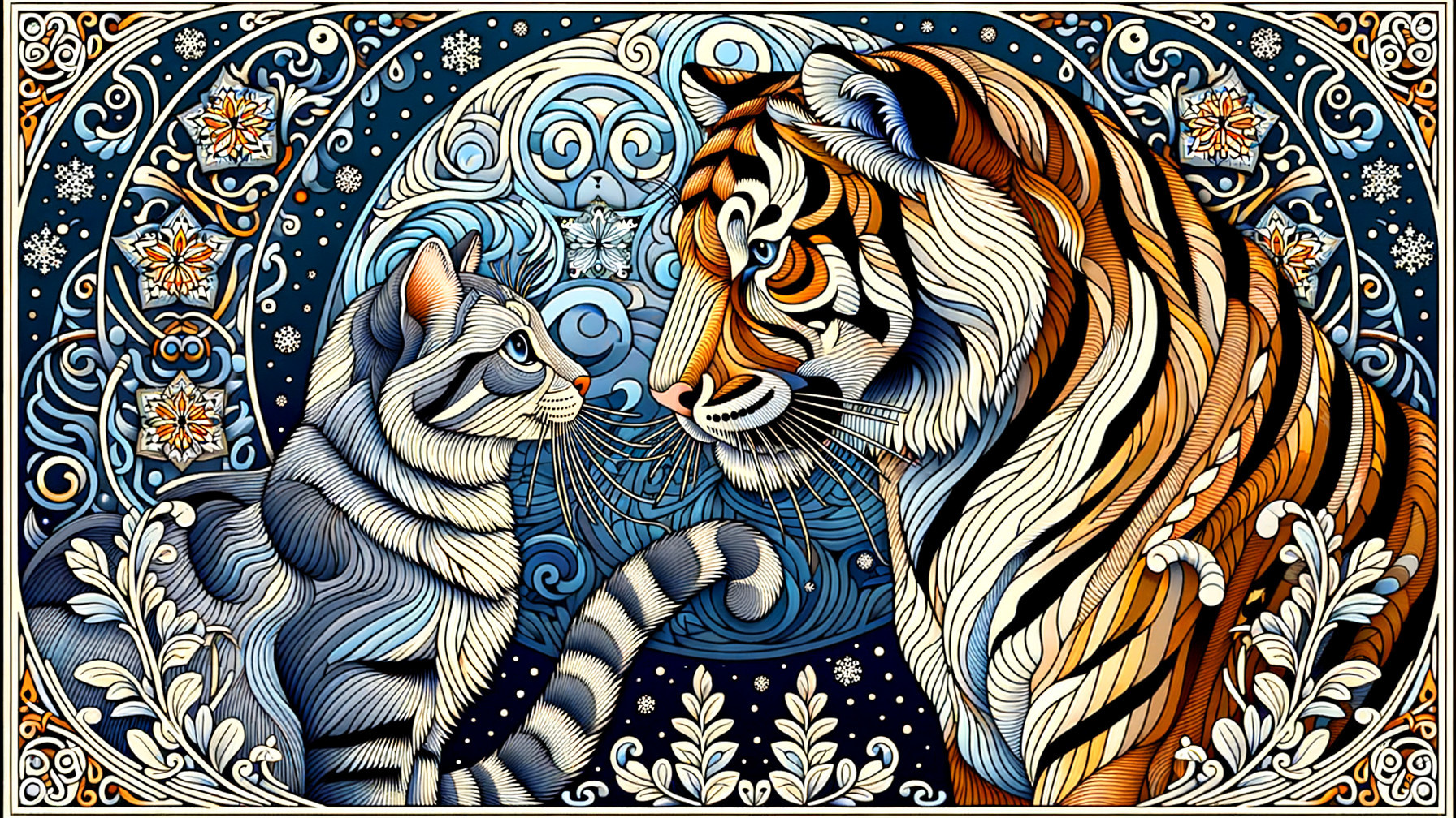 Vibrant Artwork of Tiger and Domestic Cat Interaction