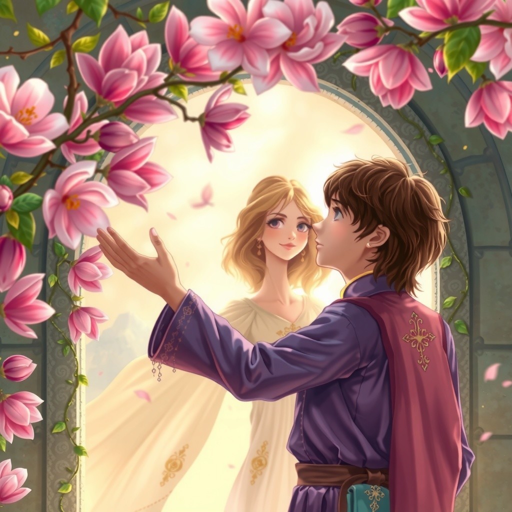 Magical garden scene with blooming magnolias and sunlight