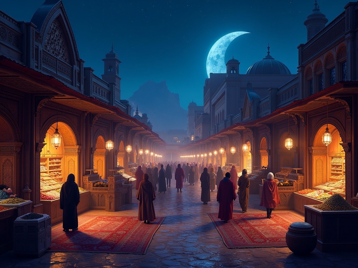 Vibrant Night Market with Lanterns and Stalls
