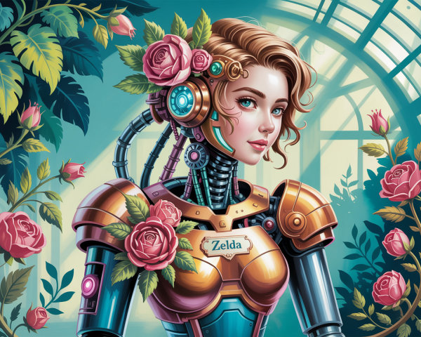 Futuristic Female Robot with Floral Patterns and Roses