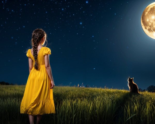 Young girl in yellow dress under luminous moonlight
