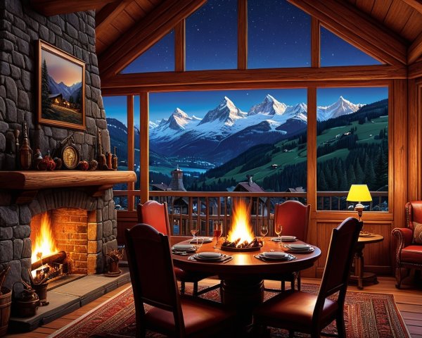 Cozy Dining Room with Rustic Fireplace and Mountain View