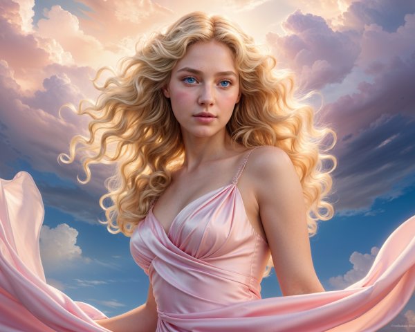 Young woman in pink dress against cloudy sky backdrop