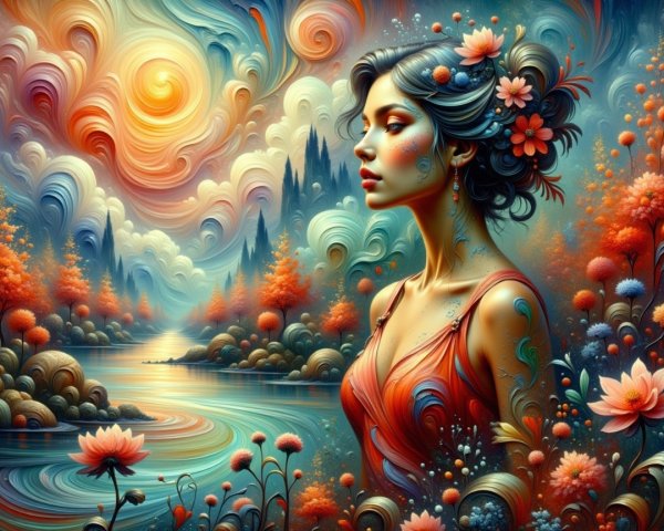Woman with Flowing Hair in Vibrant Nature Landscape