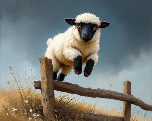 Lamb Leaping Over Rustic Fence in Natural Setting