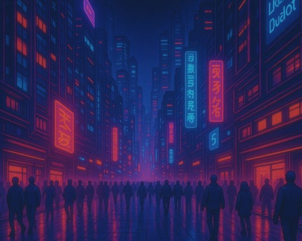 Neon-Lit Cityscape with Skyscrapers and Silhouettes