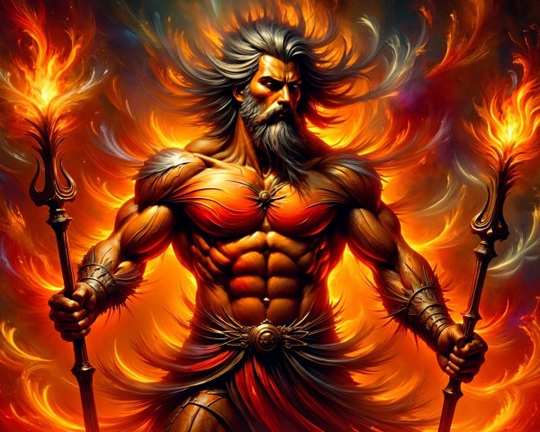 Muscular Figure with Tridents in Fiery Backdrop