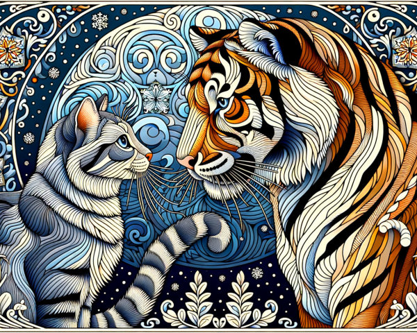 Vibrant Artwork of Tiger and Domestic Cat Interaction