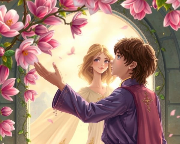 Magical garden scene with blooming magnolias and sunlight