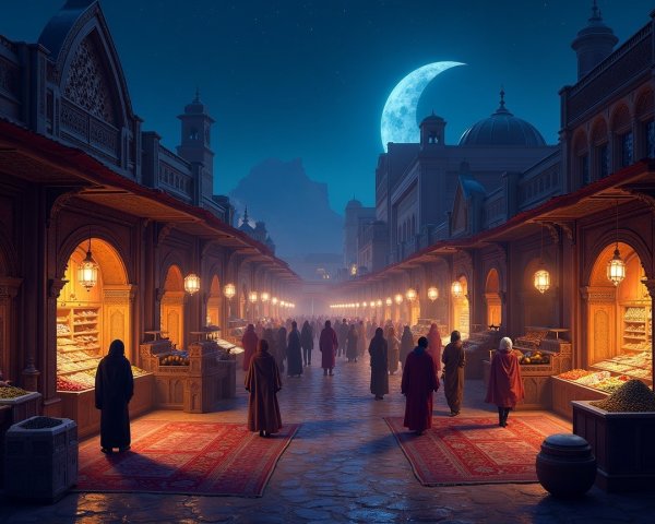 Vibrant Night Market with Lanterns and Stalls