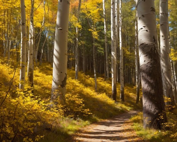 Serene forest path among tall aspen trees in autumn