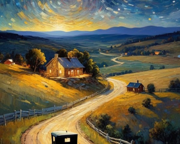 Twilight Landscape with Dirt Road and Farmhouse