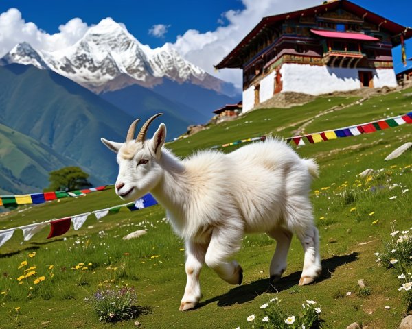 Fluffy Goat in Meadow with Colorful Prayer Flags