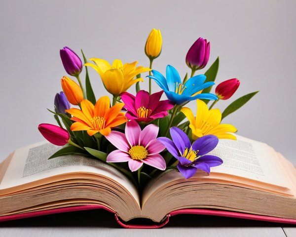 Open Book with Colorful Artificial Flower Arrangement