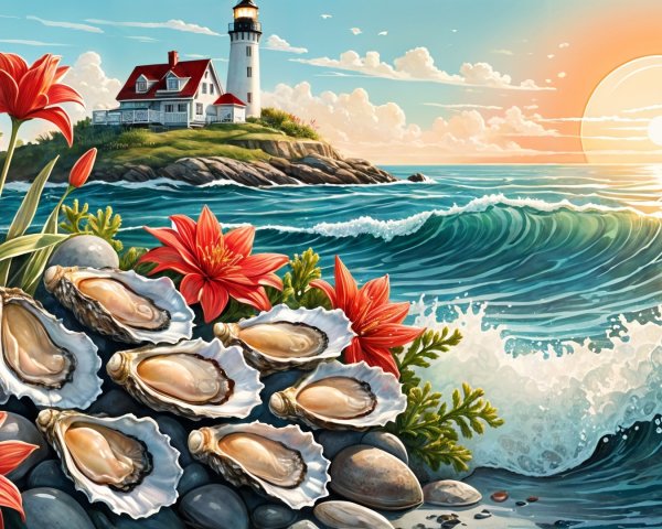 Coastal Landscape with Lighthouse and Sunset Colors