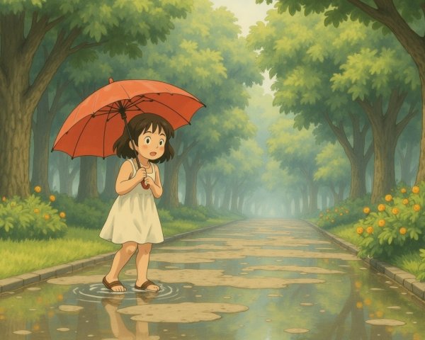 Young girl in white dress with red umbrella in puddle